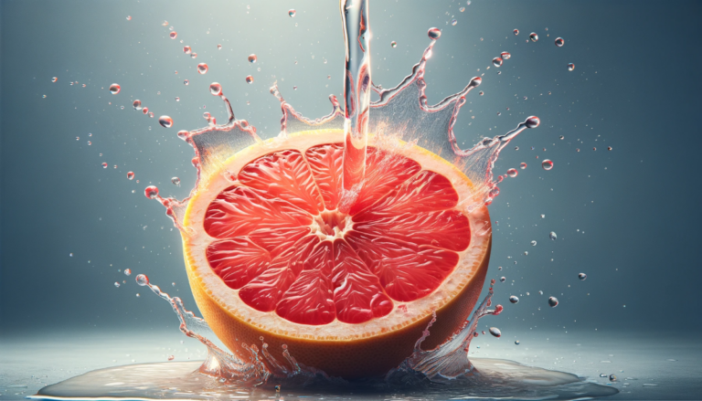 An image of a sliced grapefruit with water being splashed onto it.