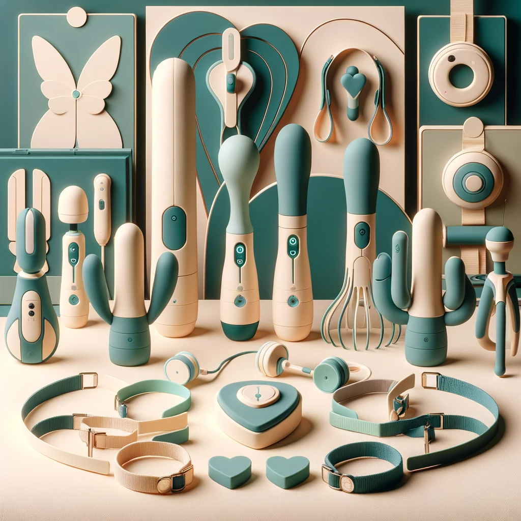 teal and cream colored collection of innovative products designed to assist with intimacy