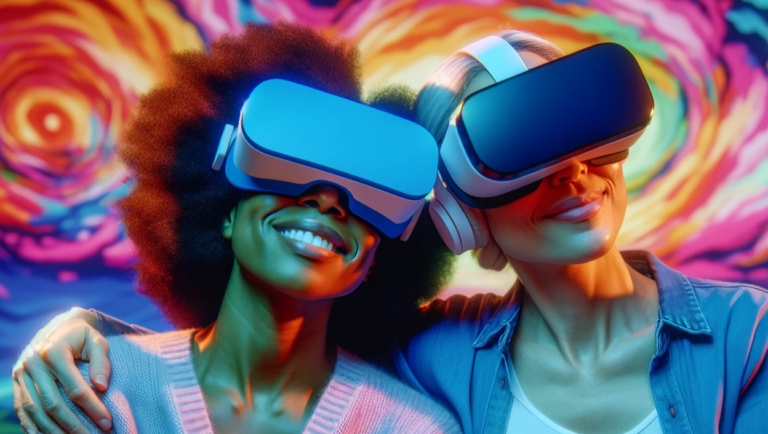 Close-up of a mixed-race lesbian couple in their 40s, one Black and one Caucasian, both wearing VR headsets in an intimate therapy setting.