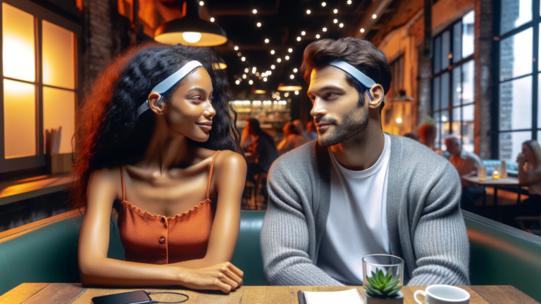 Mixed-race couple in their 30s on a romantic date, both wearing discreet, non-ear-covering EEG headbands. 1200