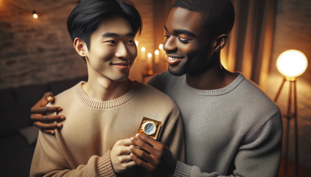 Two young men of mixed race look at each other smiling and holding a condom