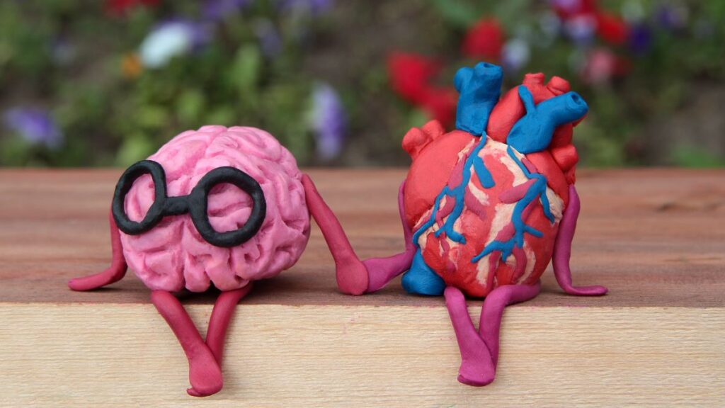 plasticine brain with glasses and a heart hold hands