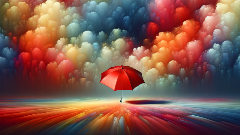 red umbrella in front of a colourful background