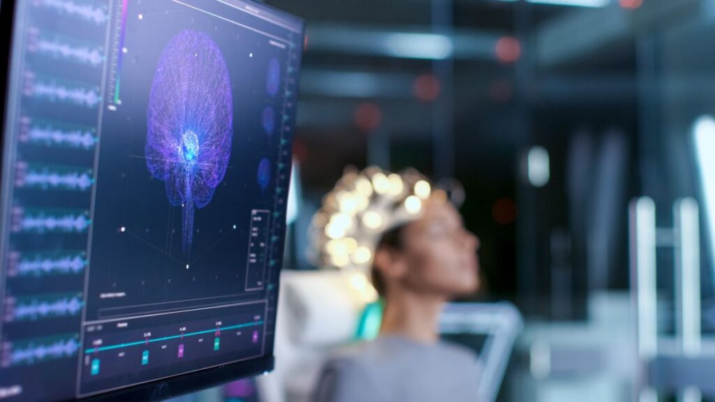 woman wearing eeg device on her head in a medical office