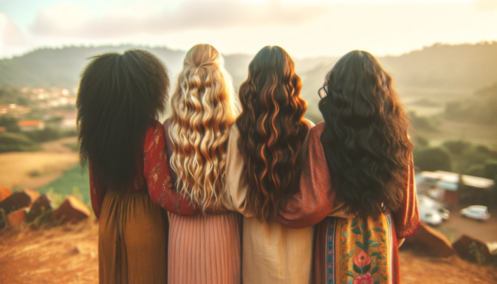 Women of diverse backgrounds, depicted from the back, with long and wavy hair.