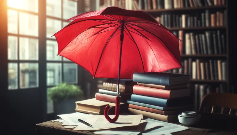 A vibrant red umbrella standing next to a pile of scientific research papers and books.