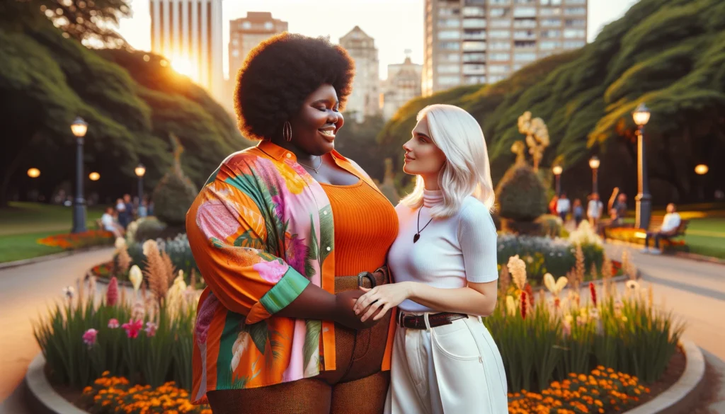 Queer femme mixed weight couple, where one partner is black and the other is white, sharing a tender moment in a picturesque city.